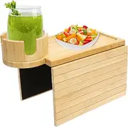 Bamboo 3 in 1 Couch Cup Holder Tray,Anti Slip Sofa Armrest Tray with 360° Rotatable Removable Cup Holder Foldable for Snack (C)