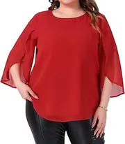 [Agnes Orinda] Plus Size Blouses for Women Flutter Petal Half 3/4 Sleeve Chiffon Top Loose Flowy Shirt Summer Blouse Top