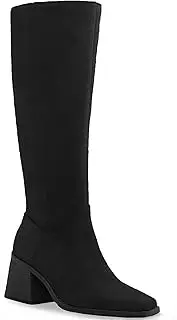 [Coutgo] Women's Knee High Boots Wide Calf Square Toe Chunky Heeled Pull-on Leather Boots