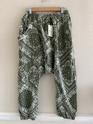 Jaded Gypsy Jogger Pants Boho Bandana Harem Drop Crotch Green S/M Boho Hippie