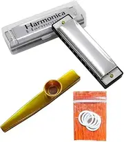 Asian Top Harmonica with 10 Holes Blues Diatonic and Kazoo Musical Instruments with 5 Flute Diaphragm,Mouth Harmonica Organ Key of C for Kids,Students,Beginners, Professional