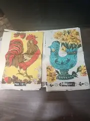 Vintage 100% Linen Pair Of Dish Tea Towel / Birds /Yellow And Red, Blue And Yell