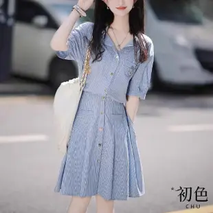 【初色】清涼感翻領單排扣無胸針百搭休閒收腰顯瘦連身裙短袖洋裝-藍白條紋-68623(M-XL可選)