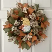 FALL WREATH GNOME BURLAP & RIBBON 21” NEW