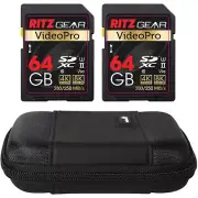 Ritz Gear 2-Pack 64GB High-Speed SDXC UHS-II SD Card, C10, V90, HD & 8K & Case