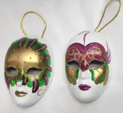 2 Mardi Gras Purple Green Gold Hand Painted 4" Mask Christmas Tree Ornaments