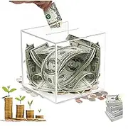 Clear Acrylic Money Box, Wanfoou Clear Piggy Bank, Unopenable Clear Piggy Bank, Saving Money Box for Storing Coins and Bills (Clear 12X12X12cm)