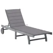 Wooden Sun Lounger With Cushion Adjustable Backrest Wheeled Sunbed Deck Chair