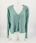 Wild Fable Women's Long Sleeve Button Front Cropped Waffle Top Size L - Teal