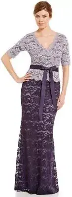 Adrianna Papell Aubergine Dusty Violet V-Neck Color-Block Lace Gown Dress 6