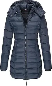 [JEShifangjiusu] Women Winter Warm Thickening Long Tunic Fashion Long Quilted Jacket 2 Pieces Padded Coat With Removable Hood, Navy blue, S