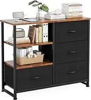 Miazya Chest of Dresser with Charging Station and Open Shelves, 4 Fabric Drawers Dresser with Wood Top, Storage Chest of Drawers for Living Room, Bedroom, Hallway Black