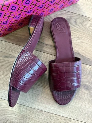 NEW TORY BURCH Martine Croc-effect Slides Sandal Shoes US 7C MSR $248 Claret Red