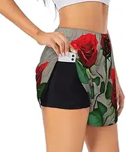 [GaxfjRu] Red Rose Flowers 1 Print Women's Running Shorts High Waisted Running Shorts Pocket Sporty Gym Elastic Short