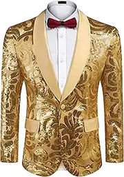 [SWJGLITTR] Men Sequin Tuxedo Blazer Jacket One Button Party Festival Tuxedo Coat Regular Wedding Party Prom Suit, Gold 2, S