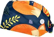 [WOSHJIUK] Working Hat 2 Pack Scrub Caps for Women,Flower Leaf Animal Fox,Tie Back Cap Adjustable Scrub Hat