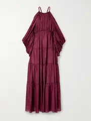 [Zimmermann] Zimmermann - Tallow Cold-shoulder Pleated Tiered Silk-satin Maxi Dress - Burgundy - 4 4 Burgundy