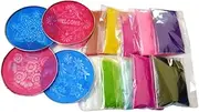 DMS RETAIL Different Rangoli Colors Powder Set of 9 Packets - 50 Grams and 10 Small Size Different Design Stencil Set 4 Inches Round(Golden Silver Glitter Powder + Rangoli Pen Free)