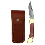 Vintage Valor Red Lockback Damascus Folding Knife Bone Handle + Leather Sheath