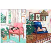 Art Canvases by Lara Lee Mientjes on Canvas. Set of 2 Cats on Midcentury Chairs