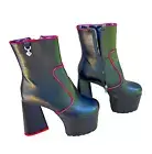 NWT Lamoda Womens 7 Chunky Platform Boots W Heart Heel Black and Red Accents Zip
