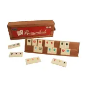 , Rummikub Vintage Edition in All-Wood Storage Case with 4 Built-in Player Tr...