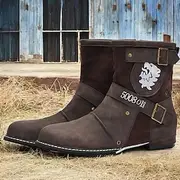 Men's Steampunk Motorcycle Boots with Double Buckle Straps and Embossed Lion Design - Brown Faux Leather Ankle Boots