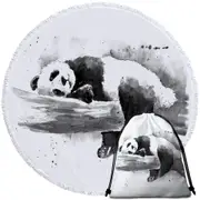 Black and White Drawing of a Cute Sleeping Panda Round Beach Towel