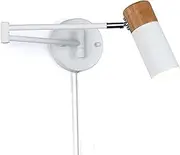 LUSTORM 1 Industrial Swing Arm Wall Light with Plug in Cable, Modern White E27 LED Wall Lights Adjustable Wooden Fittings for Bedroom Bedside Table Rotation Reading Lamp Headlight