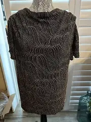 Anne Klein Metallic Glitter Sparkle Swirl Knit Top XL Ruched Black Gold NWT