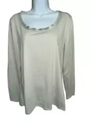 Ann Taylor Top Large Gray Cotton Stretch Shiny Trim Long Sleeve Pullover Shirt