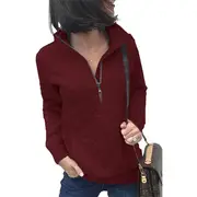 Nevenka Women 1/4 Zipper Long Sleeve Plain Casual Sweatshirts Pullovers Shirts Tops-Red