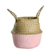 Seagrass Knitting Desktop Storage Basket Wicker Flower Pot Folding Basket, Size:20x18x23cm(Pink)