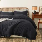 Black Stonewashed Ruffled Queen Comforter Set, Farmhouse Bedding Lightweight