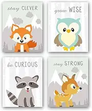 Unframed Woodland Animals Art Print Adorable Fox Owl Racoon Deer Wall Art Painting,Set of 4（8’’x10’’） Canvas Cartoon Inspirational Picture for Kids Room Nursery Decor