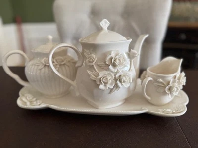 I. Godinger & Co. White Rosemary Teapot Coffee Pot Tray Creamer Roses Tea Set