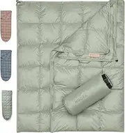 Noora North Down Camping Blanket | Lightweight, Compact & Packable | Warm Quilt for Outdoor, Travel, Stadium, Hammock, Beach & Festivals | Water-Resistant | 650 Fill Power | Sage Green