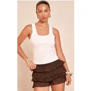 Chocolate Ruched Textured Low Rise Bloomer Shorts, Chocolate.
