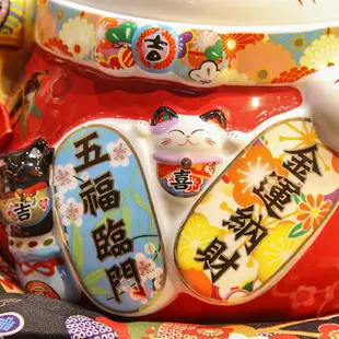 福緣貓陶瓷家用五福儲物罐紅色喜慶招財貓擺件客廳糖果罐茶幾裝飾