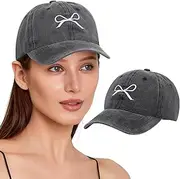 [Coubeau] Washed Baseball Cap, Fashion Bow Baseball Cap, Adjustable American Cowboy Hat, Classic Cotton Golf Hat for Girls Boys