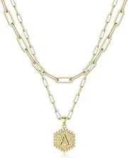 [JZQLPXXK] Dainty Layered Initial Necklaces for Women Trendy, 14K Real Gold Plated Paperclip Chain Necklace Cute Hexagon Letter Pendant Initial Choker Necklace Gold Layered Necklaces for Women,