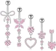 [GLGHMH] 5Pcs 14G Dangling Belly Button Rings, Silver Pink Stainless Steel Belly Bars with Flower Butterfly Heart, Navel Piercing Jewelry for Women Girls, One size, Stainless Steel, Zircon Gemstone
