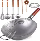 13.4" Hand-Hammered Carbon Steel Wok with 8-Pc Cookware Accessories Set
