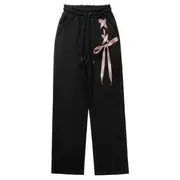 Short-Sleeve Round Neck Heart Print Lace Up T-Shirt / Sleeveless Faux Leather Strap Round Neck Lettering Print Crop Hoodie with Arm Sleeves / Cami Top / Drawstring Waist Straight Leg Sweatpants / Drawstring Waist Striped Mini Skort 23W121 - Sweatpants - Black - S
