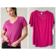 ATHLETA Breezy Scoop V-neck Tee in Electric Fuchsia Size XL