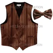 New Men's Tuxedo Vest Waistcoat Stripes Bowtie prom wedding formal party Brown