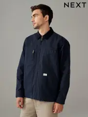 Navy Blue Zip-Through 100% Cotton Quilted Shacket Overshirt (B91490) | $78