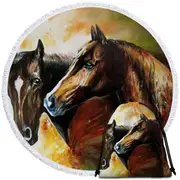 Brown Painted Horses Round Beach Towel