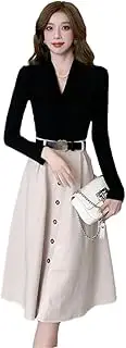 [Generic] Women Two Piece Set V Neck Long Sleeve Tops+Split A Line Midi Skirt Suits 2 Pieces Outfits
