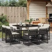Patio Garden Dining Set with Cushions Black Poly Rattan - 9 Piece Outdoor Furniture Set for Backyard with Tempered Glass Tabletop and Compact Chairs